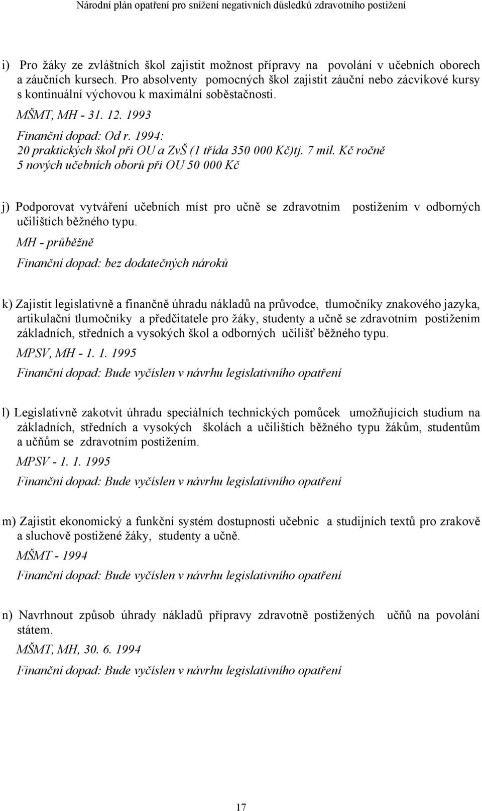 1994: 20 praktických škol při OU a ZvŠ (1 třída 350 000 Kč)tj. 7 mil.