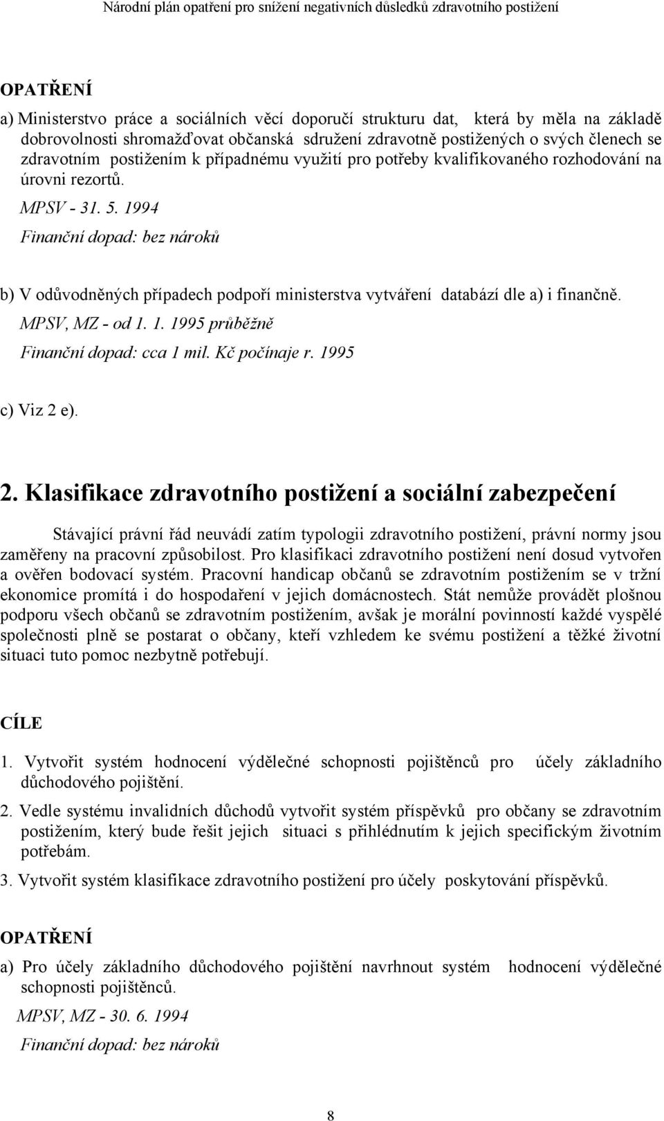 1. 1995 průběžně Finanční dopad: cca 1 mil. Kč počínaje r. 1995 c) Viz 2 