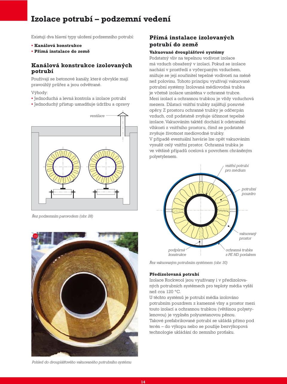 Výhody: Jednoduchá a levná kontrola a izolace potrubí Jednoduchý přístup usnadňuje údržbu a opravy ventilace Přímá instalace izolovaných potrubí do země Vakuované dvouplášťové systémy Podstatný vliv