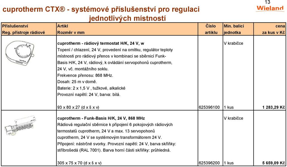 v kombinaci se sběrnicí Funk- Basis H/K, 24 V, rádiový, k ovládání servopohonů cuprotherm, 24 V, vč. montážního soklu. Frekvence přenosu: 868 MHz. Dosah: 25 m v domě.