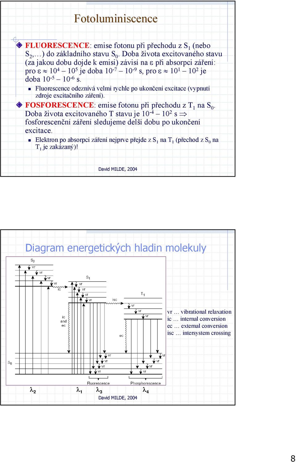 Fluorescence odeznívá velmi rychle po ukončení excitace (vypnutí zdroje excitačního záření). FOSFORESCENCE: emise fotonu při přechodu z T 1 na S 0.