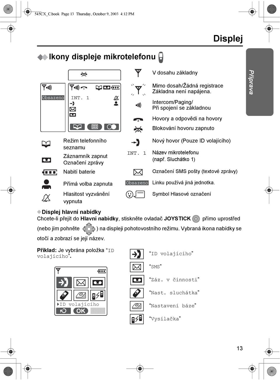 Hlasitost vyzvánění vypnuta INT. Obsazeno Nový hovor (Pouze ID volajícího) Název mikrotelefonu (např. Sluchátko ) Označení SMS pošty (textové zprávy) Linku používá jiná jednotka.