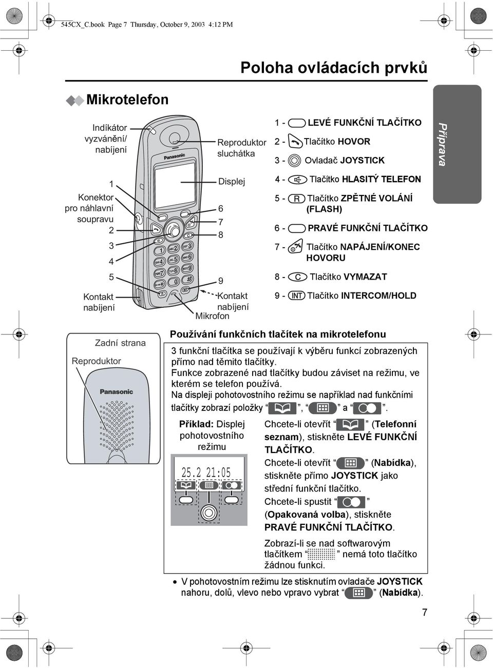 Konektor pro náhlavní soupravu 5 Kontakt nabíjení Zadní strana Reproduktor 7 5 0 6 8 9 Displej 6 7 8 9 Kontakt nabíjení Mikrofon - Tlačítko HLASITÝ TELEFON 5 - Tlačítko ZPĚTNÉ VOLÁNÍ (FLASH) 6 -