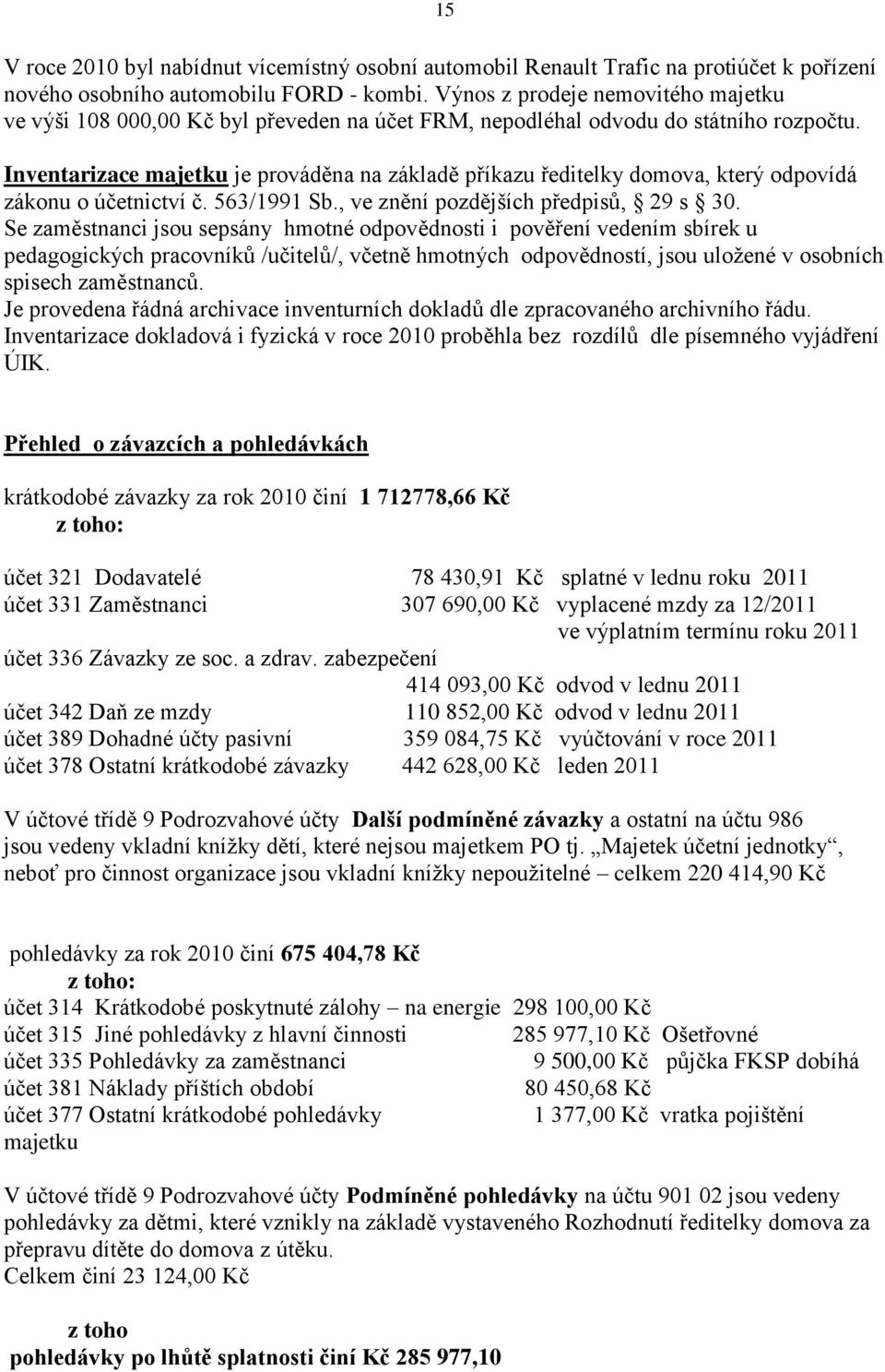 Inventarizace majetku je prováděna na základě příkazu ředitelky domova, který odpovídá zákonu o účetnictví č. 563/1991 Sb., ve znění pozdějších předpisů, 29 s 30.