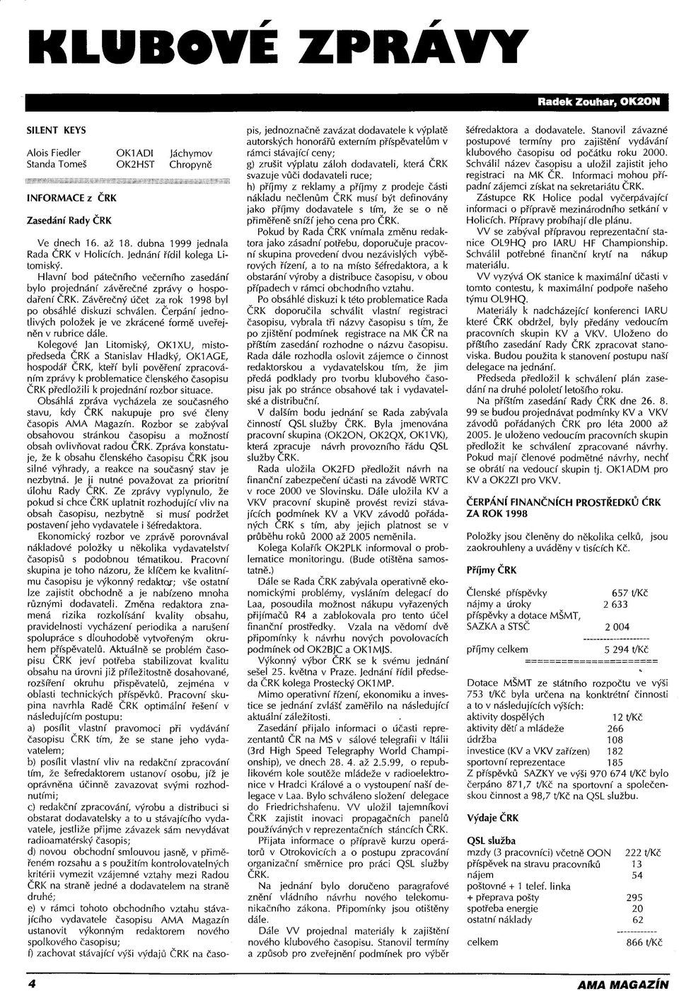 Závěrečný účet za rok 1998 byl po obsáhlé diskuzi schválen. Čerpání jednotlivých položek je ve zkrácené formě uveřejněn v rubrice dále.