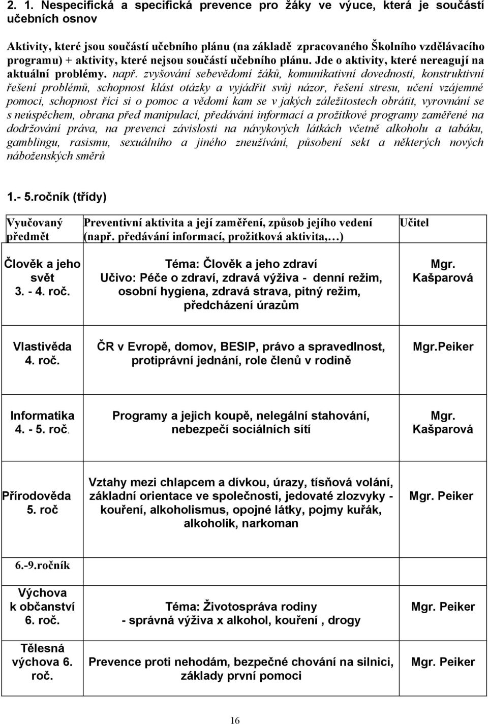 zvyšování sebevědomí žáků, komunikativní dovednosti, konstruktivní řešení problémů, schopnost klást otázky a vyjádřit svůj názor, řešení stresu, učení vzájemné pomoci, schopnost říci si o pomoc a