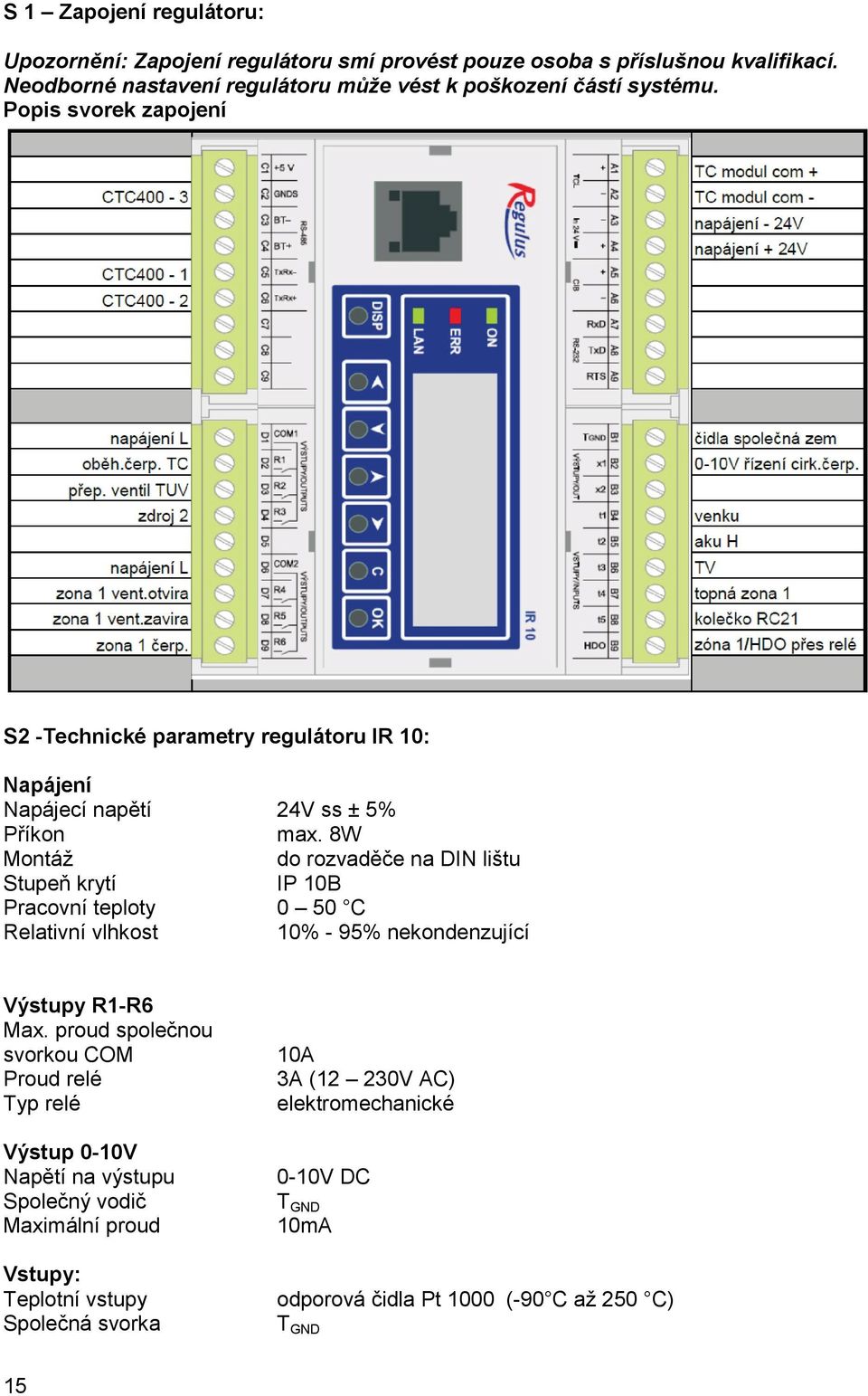 Popis svorek zapojení S2 -Technické parametry regulátoru IR 10: Napájení Napájecí napětí 24V ss ± 5% Příkon max.