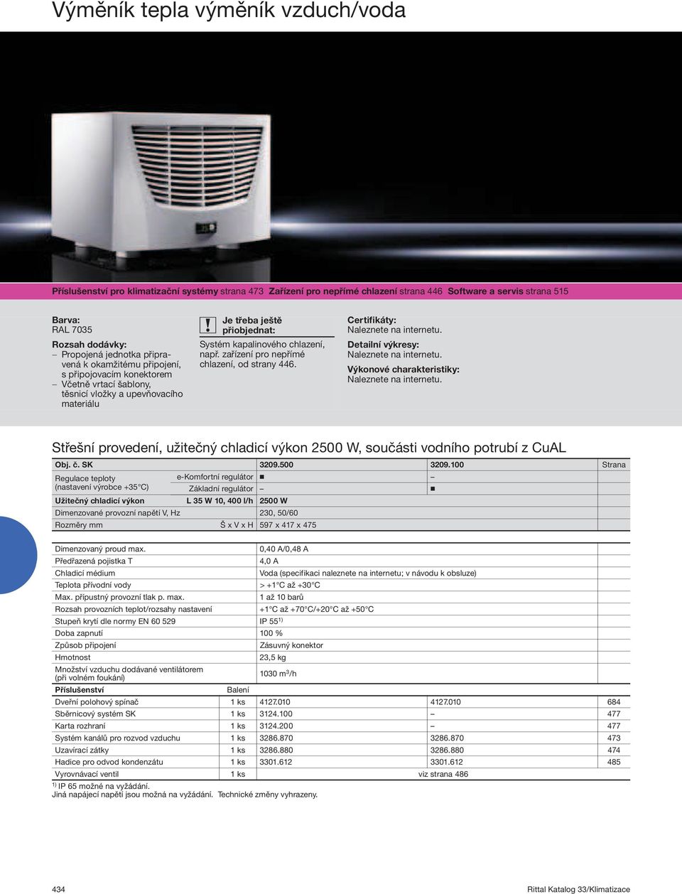 zařízení pro nepřímé chlazení, od strany 446. Certifikáty: Detailní výkresy: Výkonové charakteristiky: Střešní provedení, užitečný chladicí výkon 2500 W, součásti vodního potrubí z CuAL Obj. č.