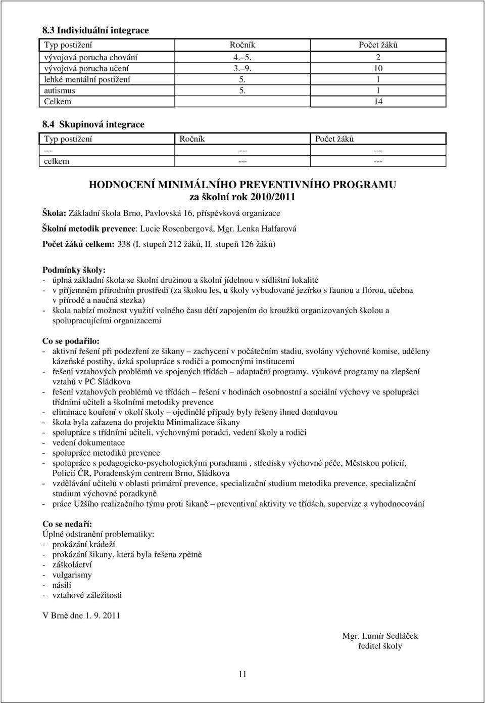 příspěvková organizace Školní metodik prevence: Lucie Rosenbergová, Mgr. Lenka Halfarová Počet žáků celkem: 338 (I. stupeň 212 žáků, II.