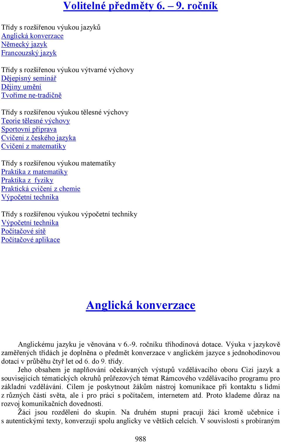 českého jazyka Cvičení z matematiky Třídy s rozšířenou výukou matematiky Praktika z matematiky Praktika z fyziky Praktická cvičení z chemie Výpočetní technika Třídy s rozšířenou výukou výpočetní