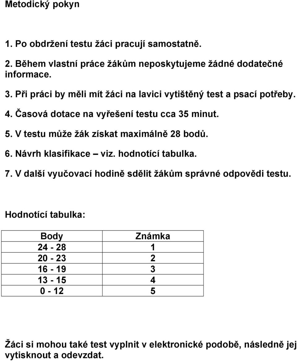 V testu může žák získat maximálně 28 bodů. 6. Návrh klasifikace viz. hodnotící tabulka. 7.