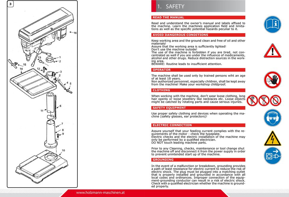 AVOID DANGEROUS CONDITIONS Keep working area and the ground clean and free of oil and other materials! Assure that the working area is sufficiently lighted! Don t use the machine outside!