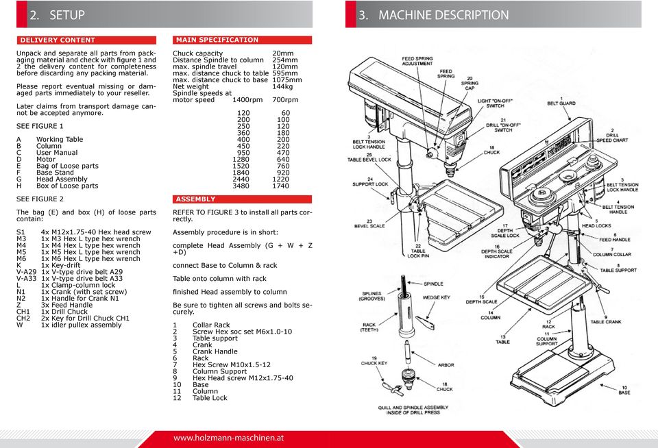 SEE FIGURE 1 A B C D E F G H DELIVERY CONTENT Working Table Column User Manual Motor Bag of Loose parts Base Stand Head Assembly Box of Loose parts SEE FIGURE 2 The bag (E) and box (H) of loose parts