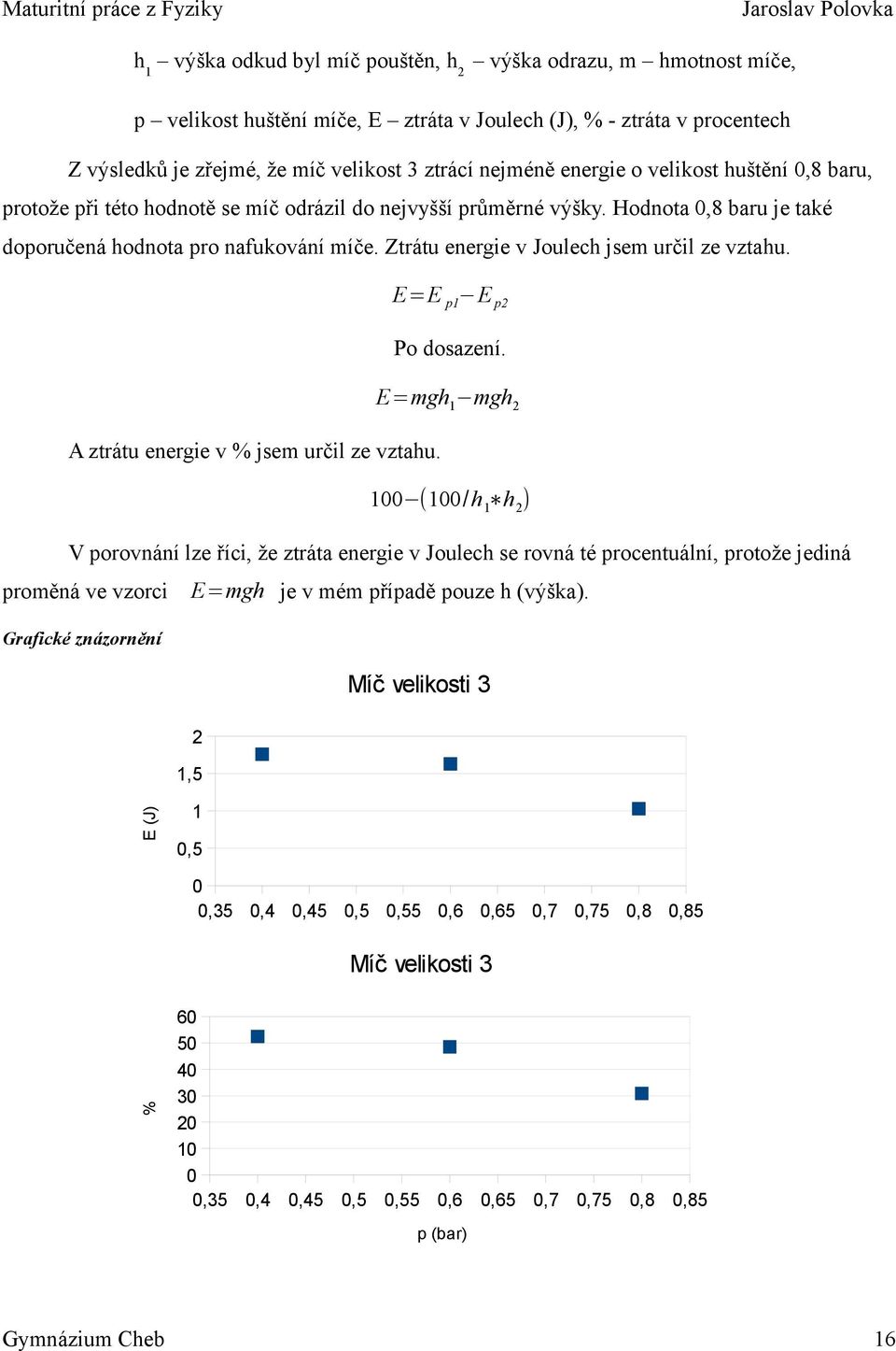 Ztrátu energie v Joulech jsem určil ze vztahu. = p1 p2 Po dosazení. =mg mg A ztrátu energie v % jsem určil ze vztahu.