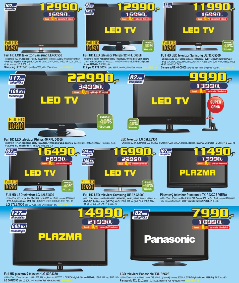 0 - LAN, Anynet+, PHE 202,- Kč Samsung LE32C550 jako LE40C550, úhlopříčka 82 cm, cena 10990,- Kč Full HD LED televizor Philips 32 PFL 5605H - úhlopříčka 82 cm, rozlišení Full HD 1920x1080, 100 Hz