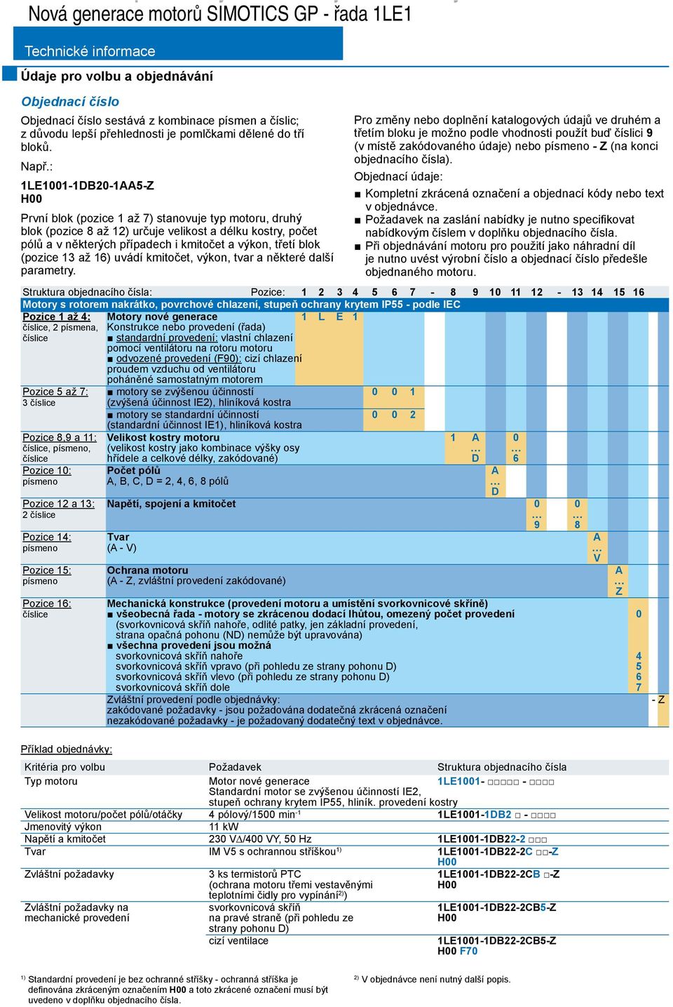 : 1LE1001-1DB20-1AA5-Z H00 První blok (pozice 1 až 7) stanovuje typ motoru, druhý blok (pozice 8 až 12) určuje velikost a délku kostry, počet pólů a v některých případech i kmitočet a výkon, třetí