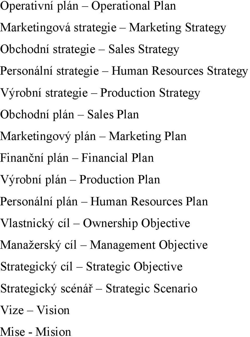 Plan Finanční plán Financial Plan Výrobní plán Production Plan Personální plán Human Resources Plan Vlastnický cíl Ownership