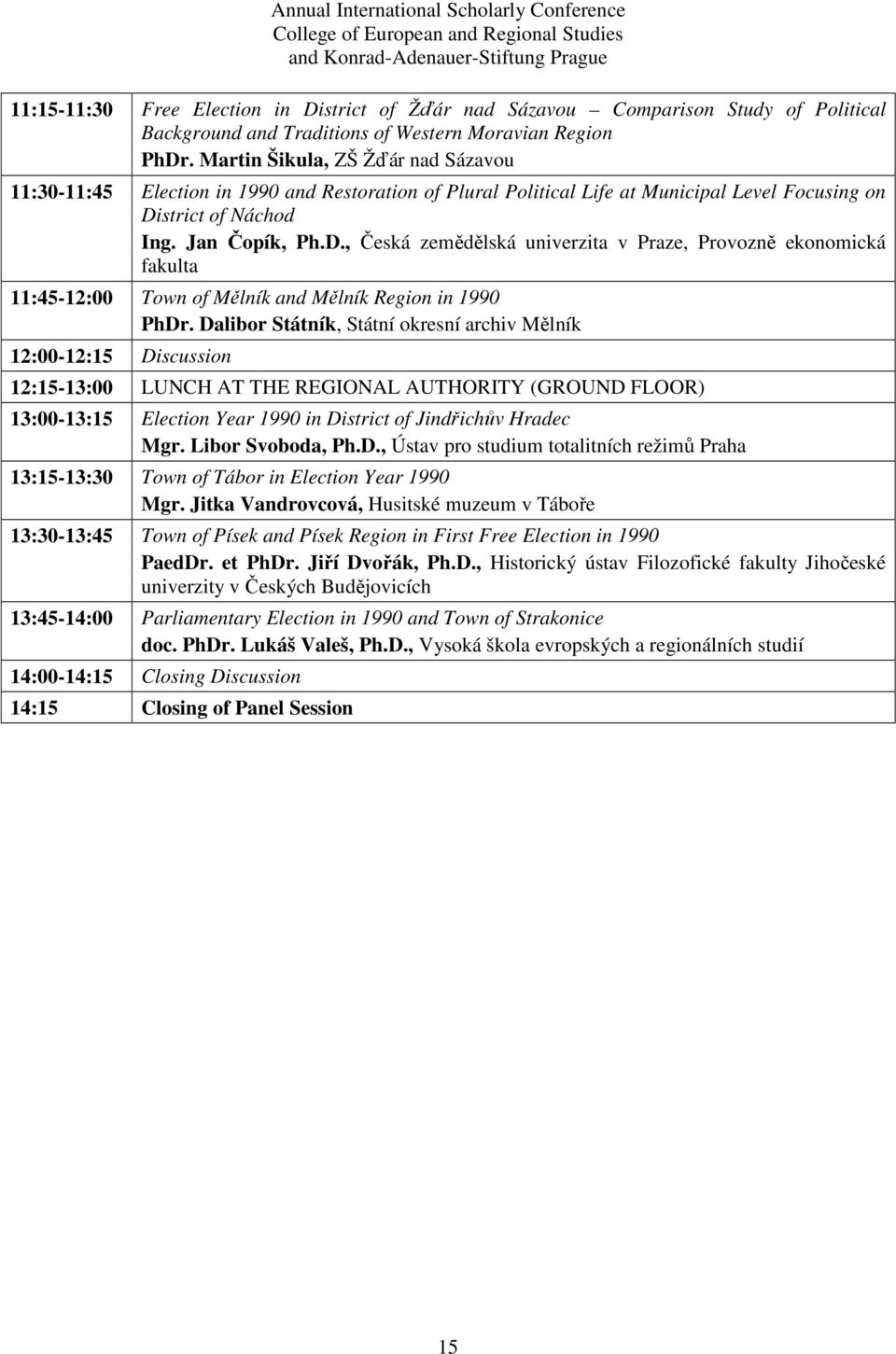 strict of Náchod Ing. Jan Čopík, Ph.D., Česká zemědělská univerzita v Praze, Provozně ekonomická fakulta 11:45-12:00 Town of Mělník and Mělník Region in 1990 PhDr.