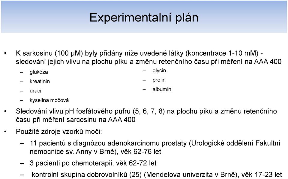 měření sarcosinu na AAA 400 Použité zdroje vzorků moči: glycin prolin 11 pacientů s diagnózou adenokarcinomu prostaty (Urologické oddělení Fakultní nemocnice