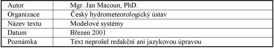 Název textu Modelové systémy Datum Březen