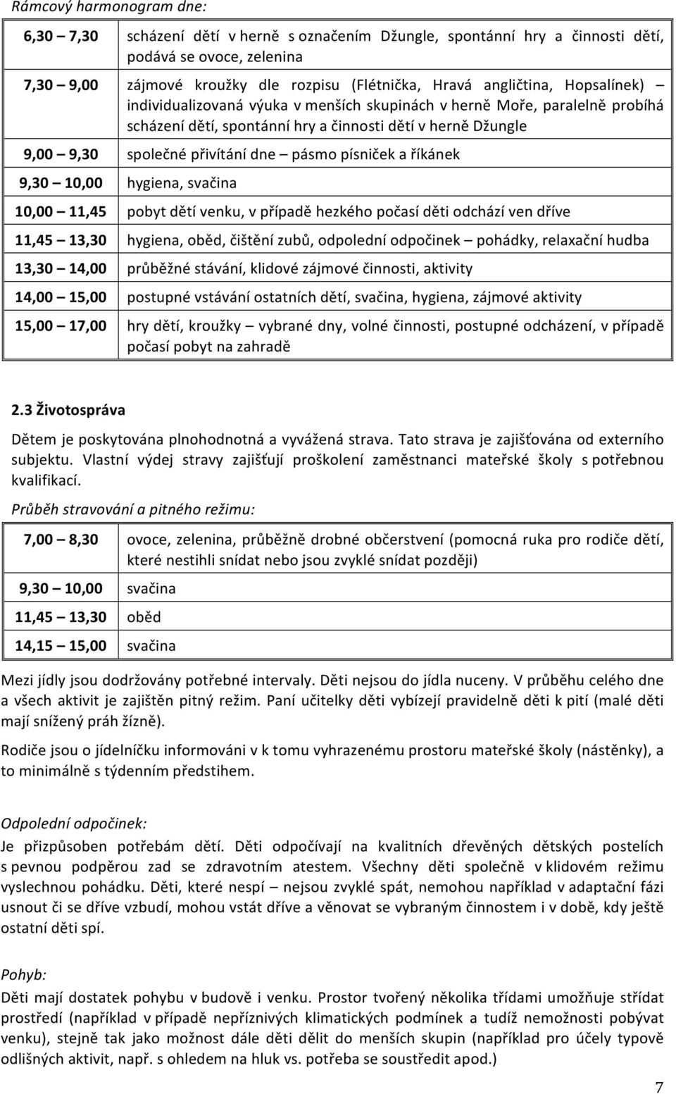 písniček a říkánek 9,30 10,00 hygiena, svačina 10,00 11,45 pobyt dětí venku, v případě hezkého počasí děti odchází ven dříve 11,45 13,30 hygiena, oběd, čištění zubů, odpolední odpočinek pohádky,