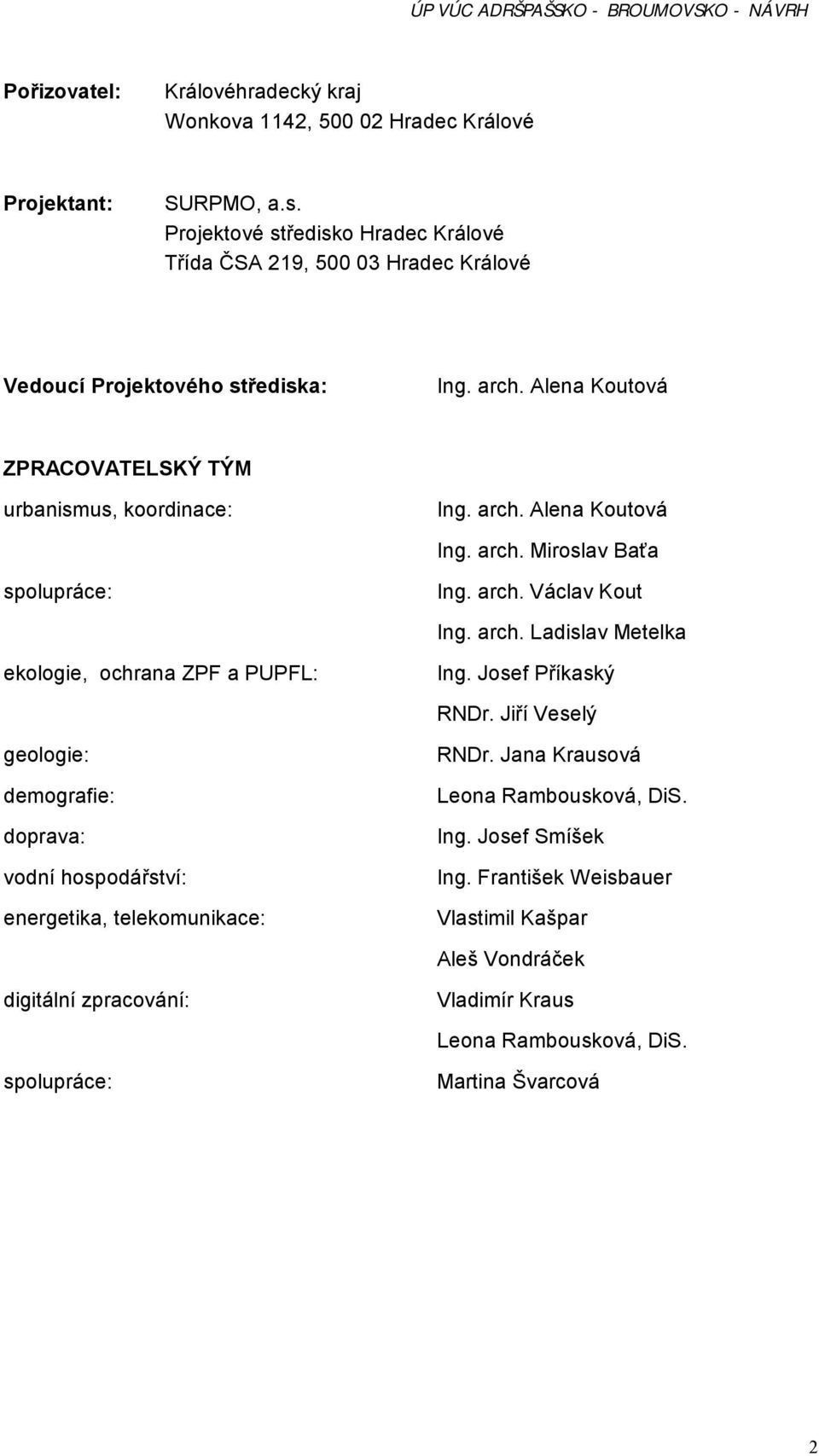 arch. Miroslav Baťa spolupráce: Ing. arch. Václav Kout Ing. arch. Ladislav Metelka ekologie, ochrana ZPF a PUPFL: Ing. Josef Příkaský RNDr.