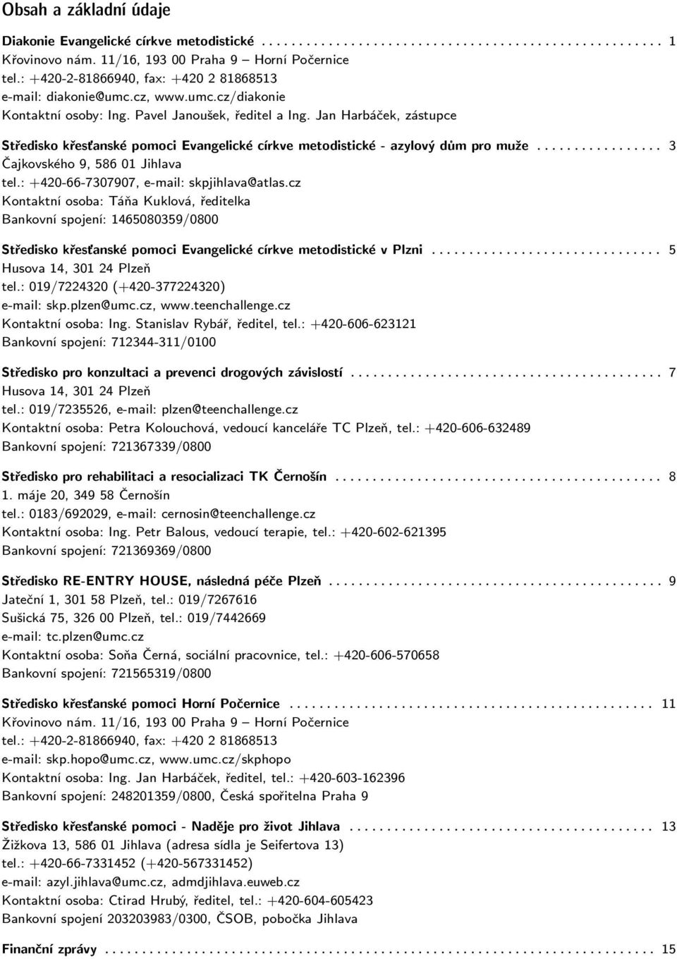 Jan Harbáček, zástupce Støedisko køes»anské pomoci Evangelické církve metodistické - azylový dùm pro mu¾e................. 3 Čajkovského 9, 586 01 Jihlava tel.