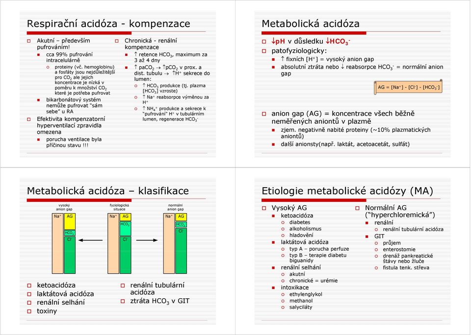 kompenzatorní hyperventilací zpravidla omezena porucha ventilace byla příčinou stavu!!! Chronická renální kompenzace retence HCO, maximum za až 4 dny paco 2 pco 2 v prox. a dist.