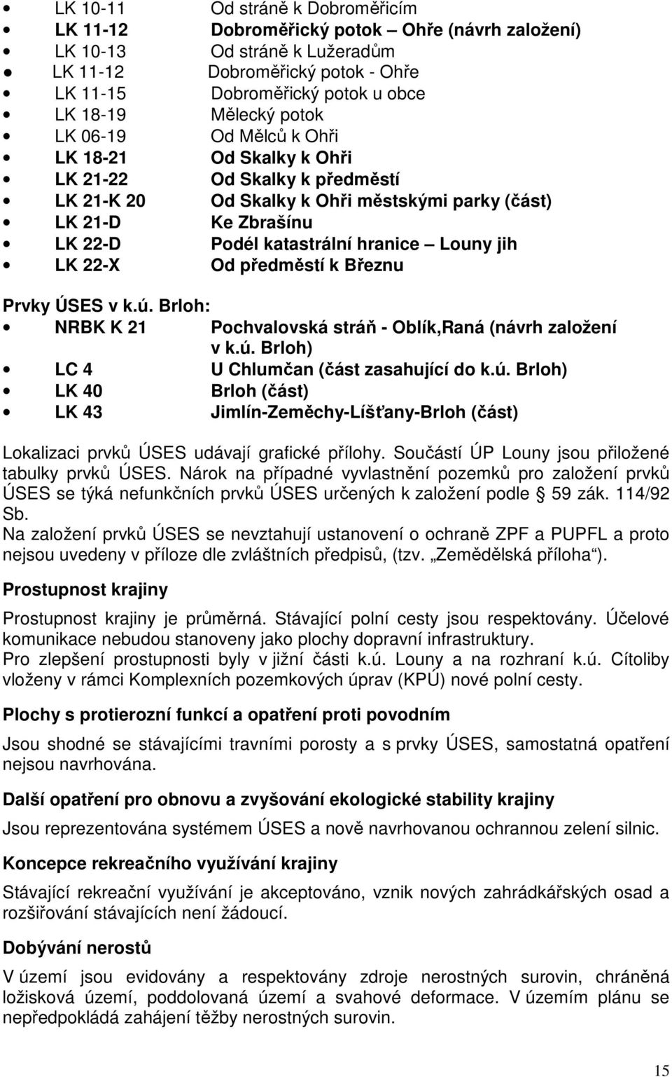 hranice jih LK 22-X Od předměstí k Březnu Prvky ÚSES v k.ú. Brloh: NRBK K 21 Pochvalovská stráň - Oblík,Raná (návrh založení v k.ú. Brloh) LC 4 U Chlumčan (část zasahující do k.ú. Brloh) LK 40 Brloh (část) LK 43 Jimlín-Zeměchy-Líšťany-Brloh (část) Lokalizaci prvků ÚSES udávají grafické přílohy.