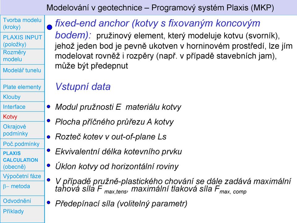 jeden bod je pevně ukotven v horninovém prostředí, lze jím modelovat rovněž i rozpěry (např.