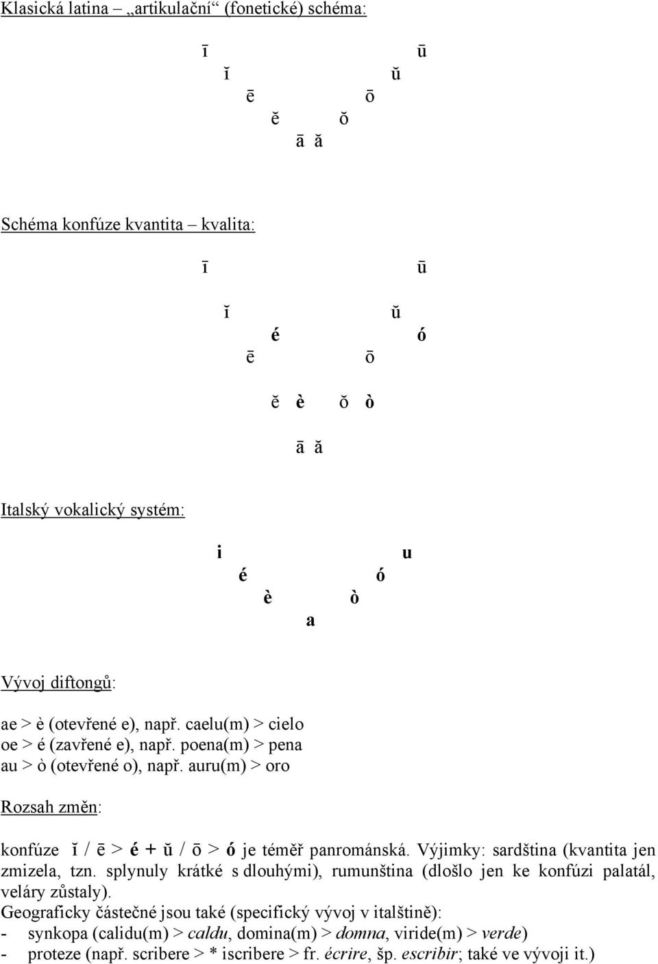 auru(m) > oro Rozsah změn: konfúze ĭ / ē > é + ŭ / ō > ó je téměř panrománská. Výjimky: sardština (kvantita jen zmizela, tzn.