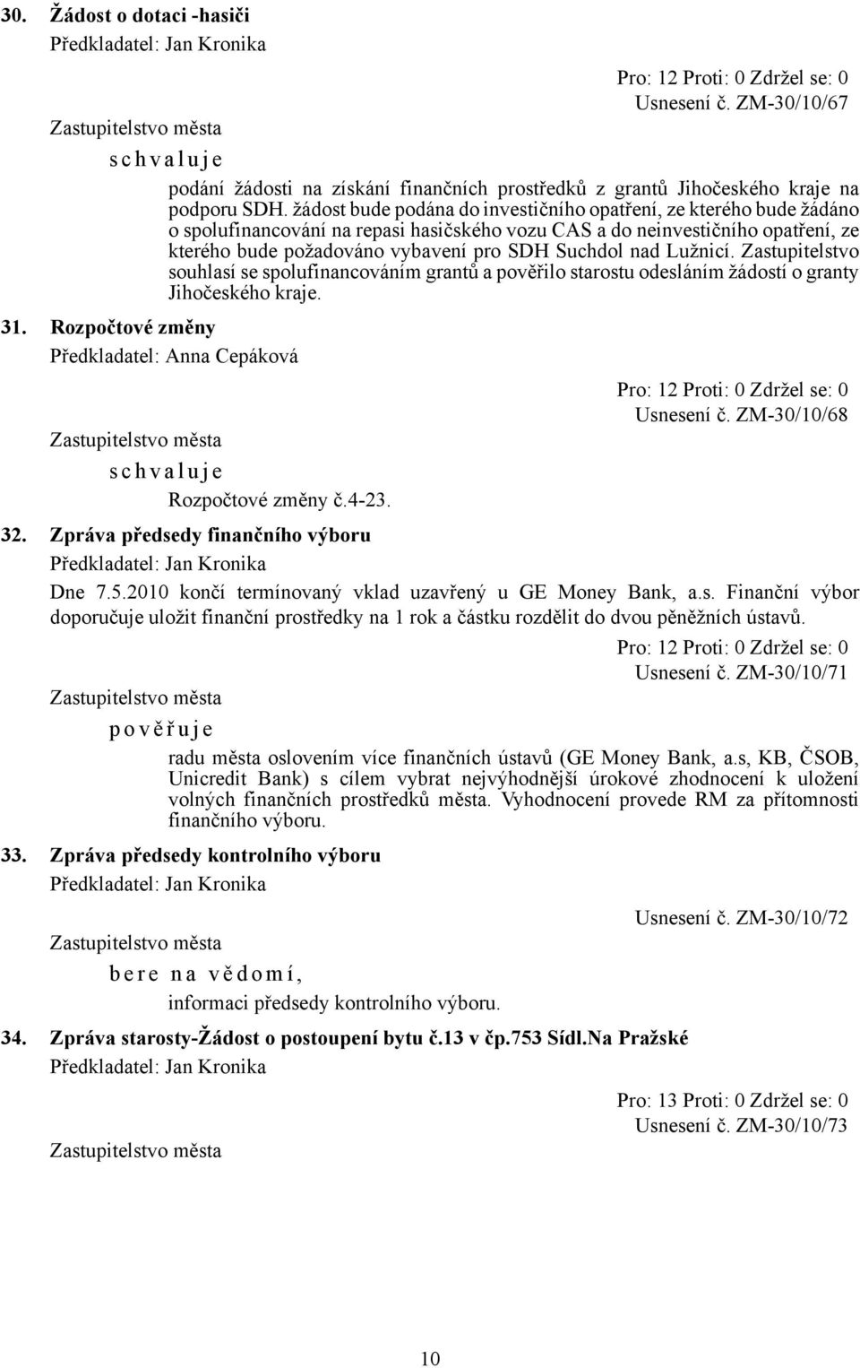 nad Lužnicí. Zastupitelstvo souhlasí se spolufinancováním grantů a pověřilo starostu odesláním žádostí o granty Jihočeského kraje. 31. Rozpočtové změny Předkladatel: Anna Cepáková Rozpočtové změny č.