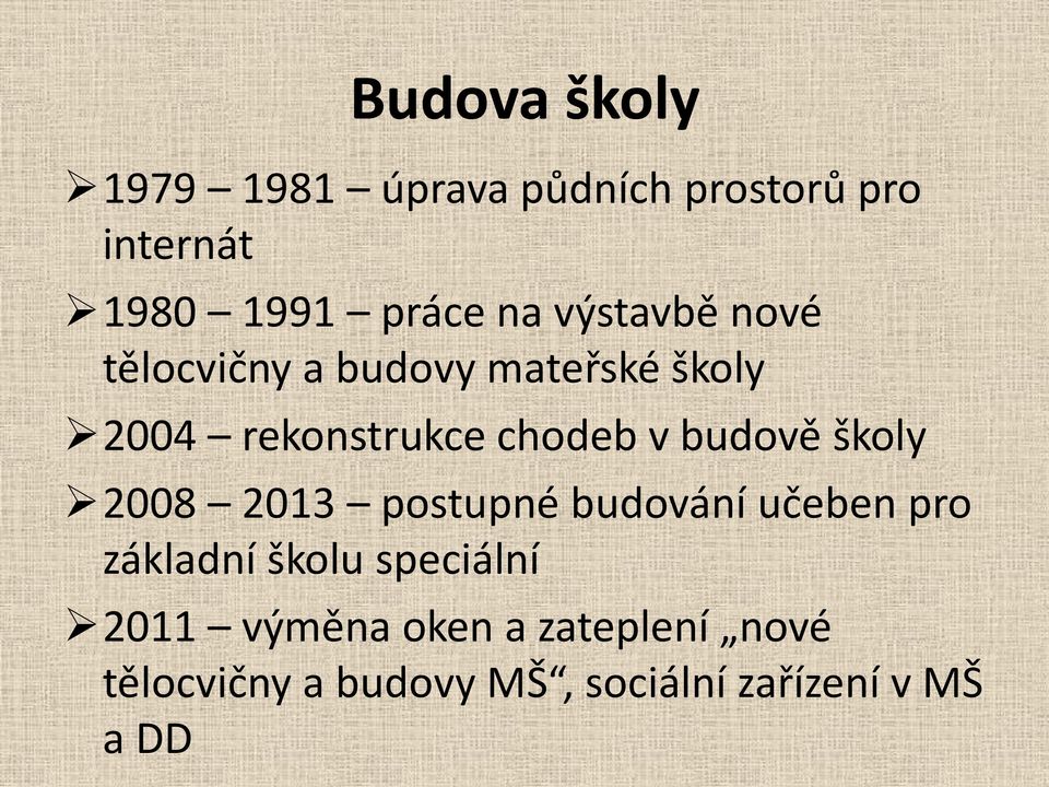 budově školy 2008 2013 postupné budování učeben pro základní školu speciální