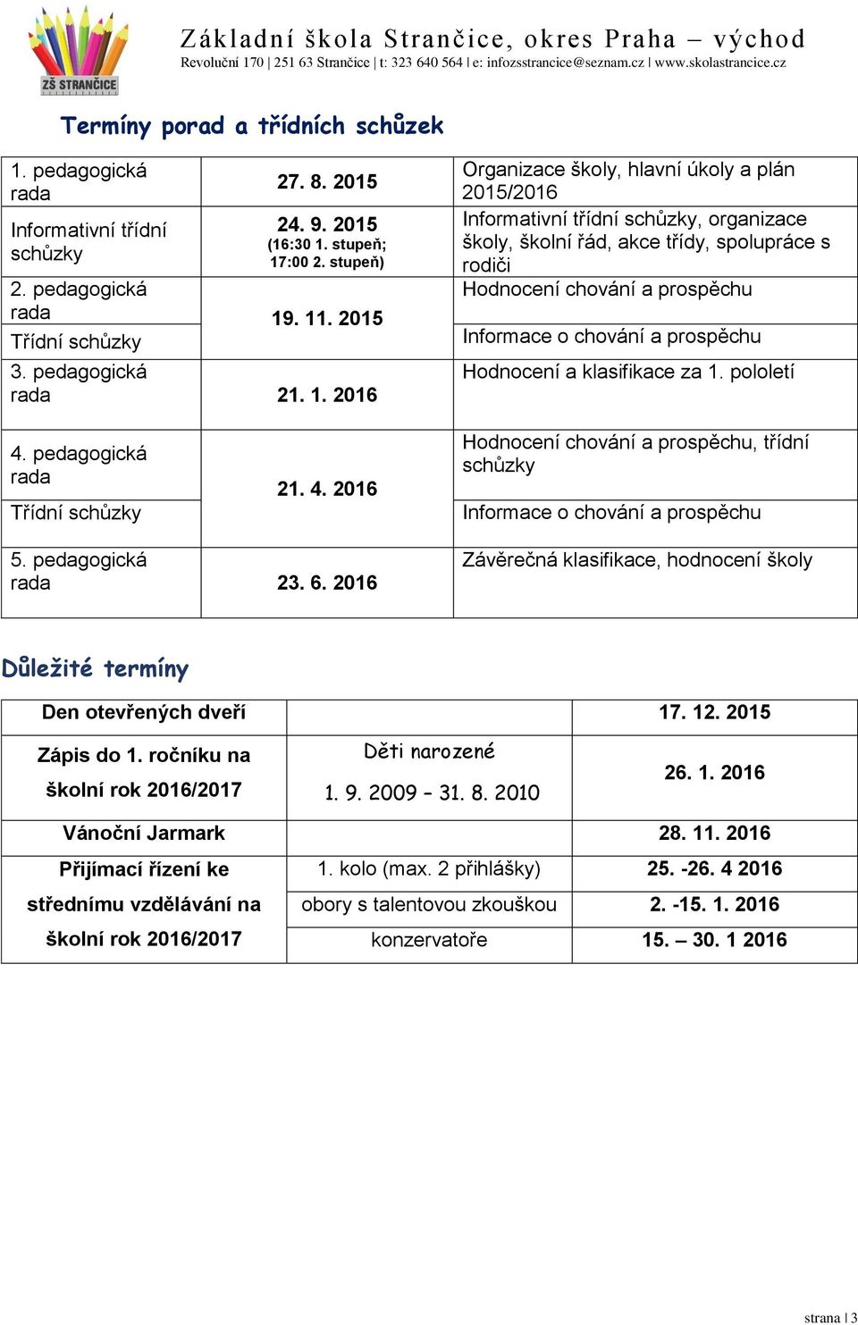 2016 Organizace školy, hlavní úkoly a plán 2015/2016 Informativní třídní schůzky, organizace školy, školní řád, akce třídy, spolupráce s rodiči Hodnocení chování a prospěchu Informace o chování a