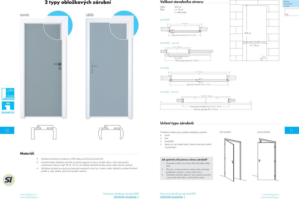 posuvné 2 x + 15 cm Doporučený stavební otvor 2 x + 10 cm Šíře krycí garnýže 4x + 20 cm 10 11 Materiál: Určení typu zárubně: Z hlediska umístění pantů vyrábíme obložkové zárubně: pravé levé