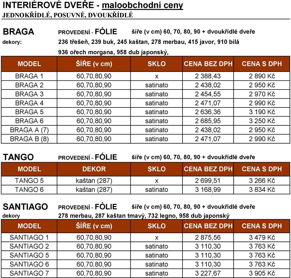 satinato 2 685,95 3 250 Kč BRAGA A (7) 60,70,80,90 satinato 2 438,02 2 950 Kč BRAGA B (8) 60,70,80,90 satinato 2 471,07 2 990 Kč TANGO MODEL DEKOR SKLO CENA BEZ DPH TANGO 5 kaštan (287) x 2 699,51 3