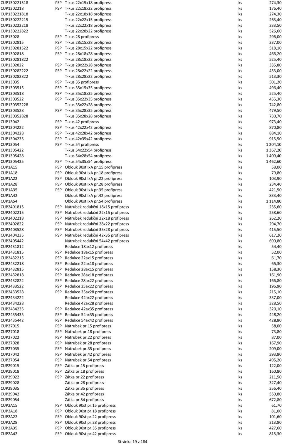 CUP130281522 PSP T kus 28x15x22 profipress ks 518,10 CUP1302818 PSP T kus 28x18x28 profipress ks 466,20 CUP130281822 T kus 28x18x22 profipress ks 525,40 CUP1302822 PSP T kus 28x22x28 profipress ks