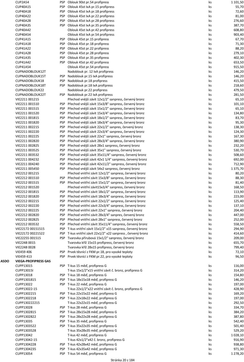42 profipress ks 608,80 CUP40A54 Oblouk 45st IxA pr.54 profipress ks 903,40 CUP41A15 PSP Oblouk 45st pr.15 profipress ks 67,70 CUP41A18 PSP Oblouk 45st pr.