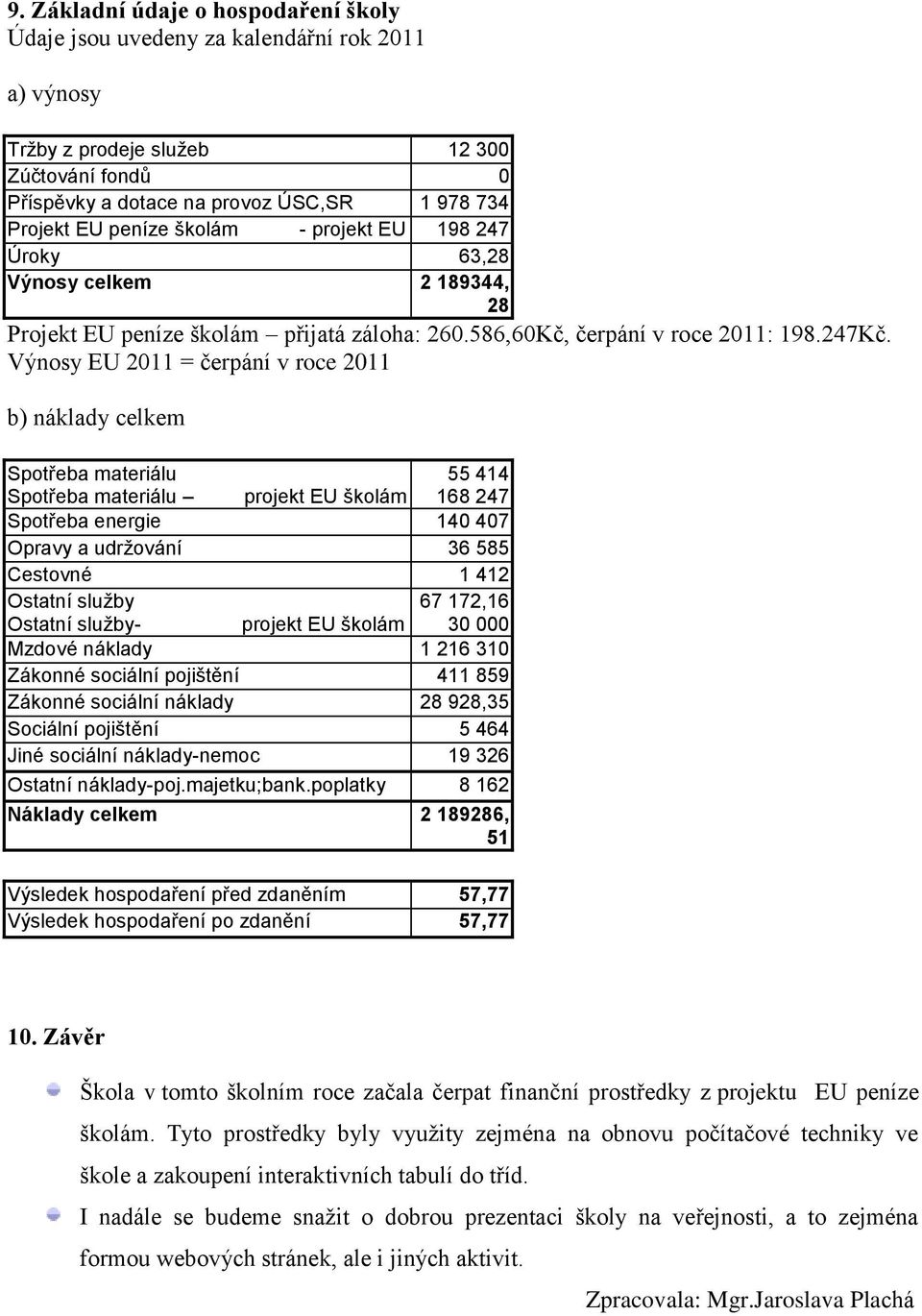 Výnosy EU 2011 = čerpání v roce 2011 b) náklady celkem Spotřeba materiálu Spotřeba materiálu projekt EU školám 55 414 168 247 Spotřeba energie 140 407 Opravy a udržování 36 585 Cestovné 1 412 Ostatní