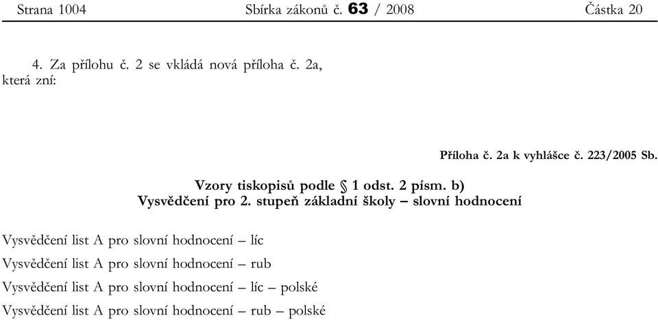 stupeň základní školy slovní hodnocení Vysvědčení list A pro slovní hodnocení líc Vysvědčení list A pro