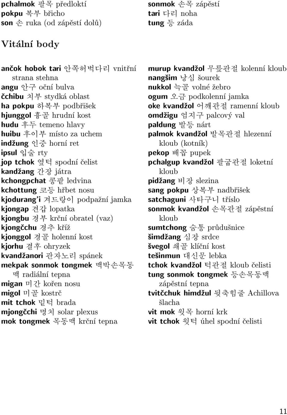 콩팥 ledvina kchottung 코등 høbet nosu kjodurang'i 겨드랑이 podpa¾ní jamka kjongap 견갑 lopatka kjongbu 경부 krèní obratel (vaz) kjongèchu 경추 køí¾ kjonggol 경골 holenní kost kjorhu 결후 ohryzek kvand¾anori 관자노리