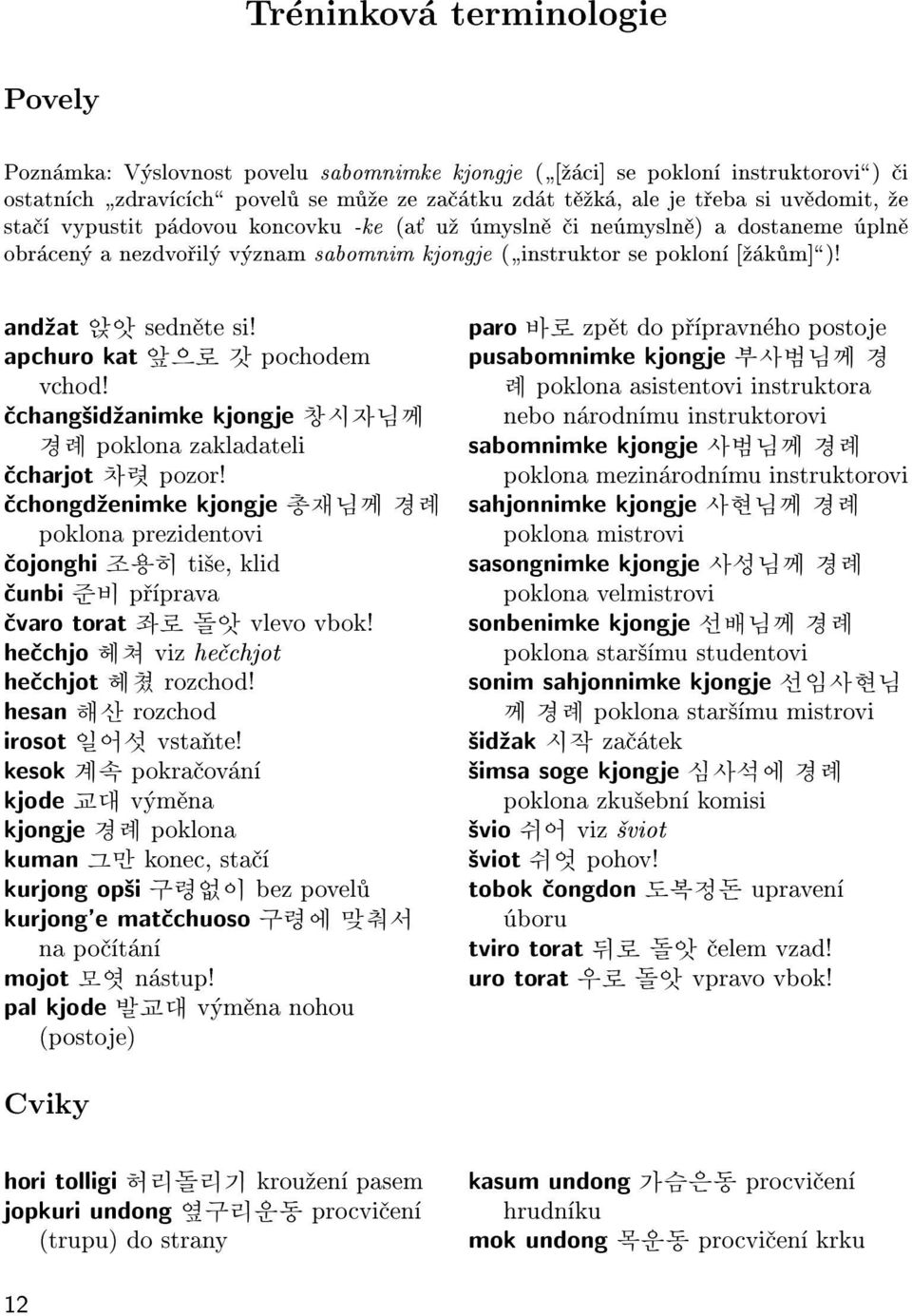 apchuro kat 앞으로 갓 pochodem vchod! èchang¹id¾animke kjongje 창시자님께 경례 poklona zakladateli ècharjot 차렷 pozor!