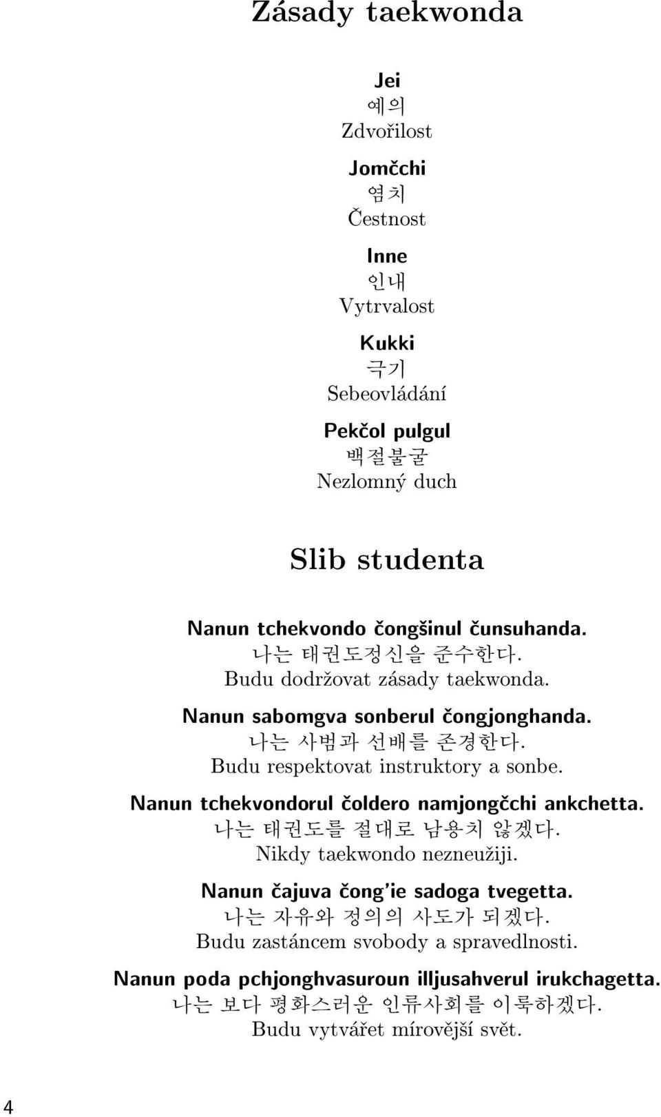 Budu respektovat instruktory a sonbe. Nanun tchekvondorul èoldero namjongèchi ankchetta. 나는 태권도를 절대로 남용치 않겠다. Nikdy taekwondo nezneu¾iji.