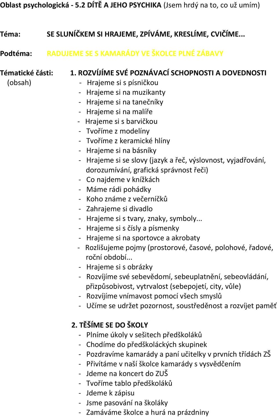 ROZVÍJÍME SVÉ POZNÁVACÍ SCHOPNOSTI A DOVEDNOSTI - Hrajeme si s písničkou - Hrajeme si na muzikanty - Hrajeme si na tanečníky - Hrajeme si na malíře - Hrajeme si s barvičkou - Tvoříme z modelíny -