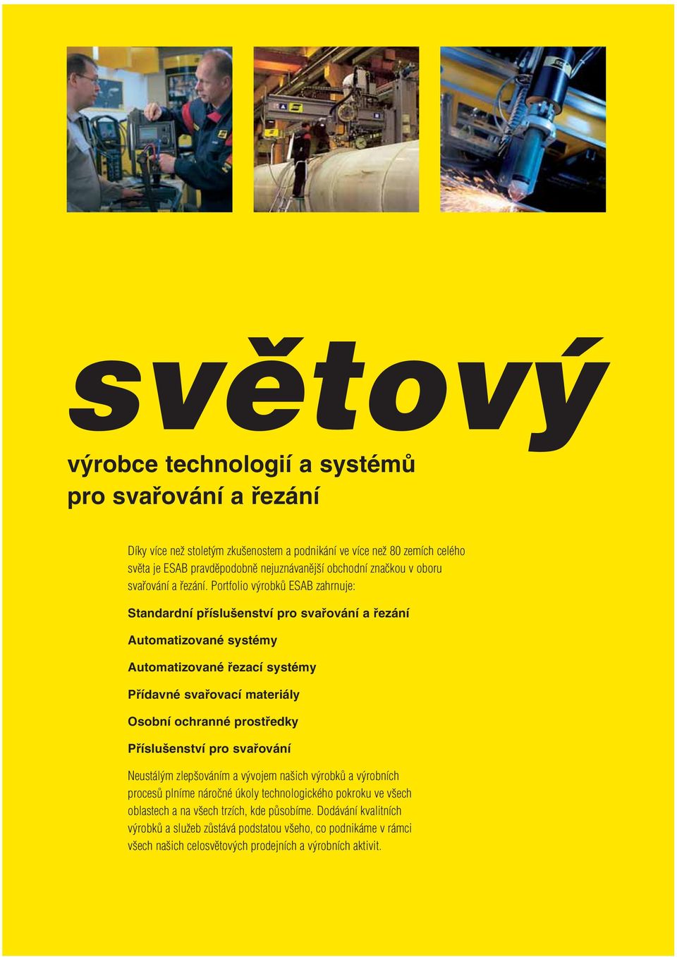 Portfolio výrobků ESAB zahrnuje: Standardní příslušenství pro svařování a řezání Automatizované systémy Automatizované řezací systémy Přídavné svařovací materiály Osobní ochranné