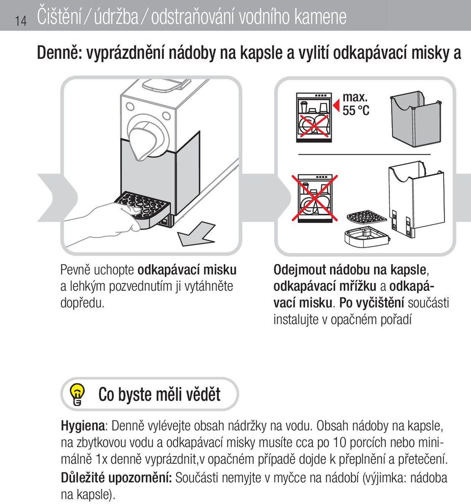 Po vyčištění součásti instalujte v opačném pořadí Co byste měli vědět Hygiena: Denně vylévejte obsah nádržky na vodu.