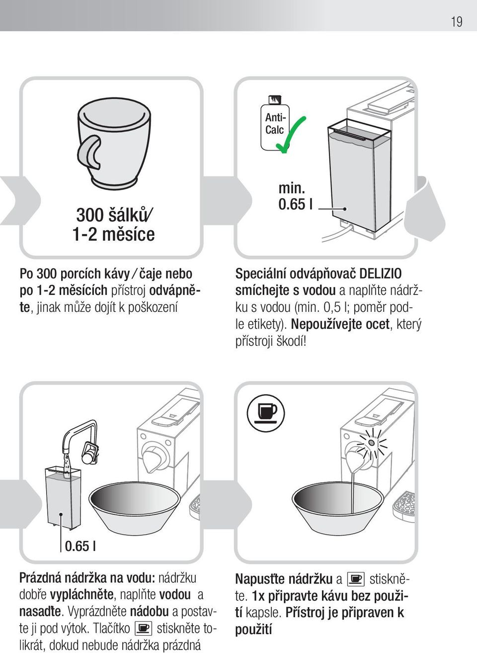 Nepoužívejte ocet, který přístroji škodí! 0.65 l Prázdná nádržka na vodu: nádržku dobře vypláchněte, naplňte vodou a nasaďte.