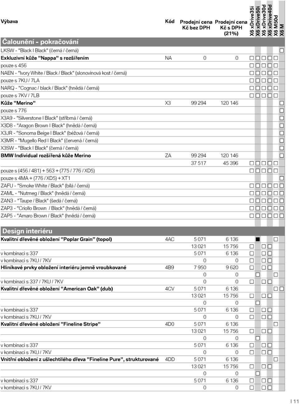 Black" (hnědá / černá) X3JR - "Sonoma Beige Black" (béžová / černá) X3MR - "Mugello Red Black" (červená / černá) X3SW - "Black Black" (černá / černá) BMW Individual rozšířená kůže Merino ZA 99 294