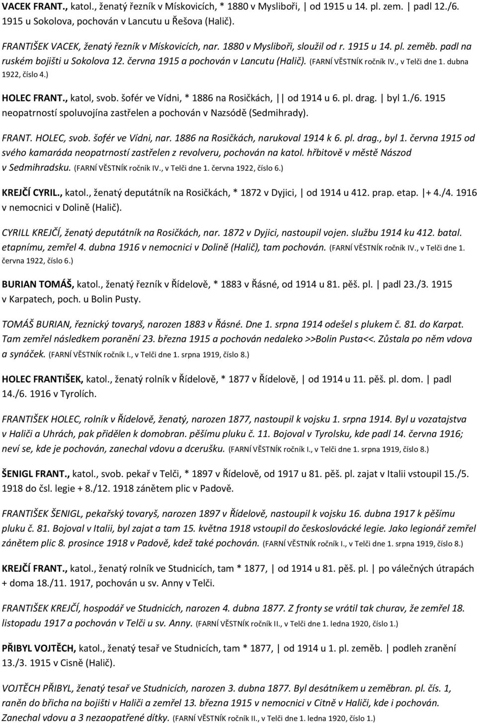 (FARNÍ VĚSTNÍK ročník IV., v Telči dne 1. dubna 1922, číslo 4.) HOLEC FRANT., katol, svob. šofér ve Vídni, * 1886 na Rosičkách, od 1914 u 6. pl. drag. byl 1./6.