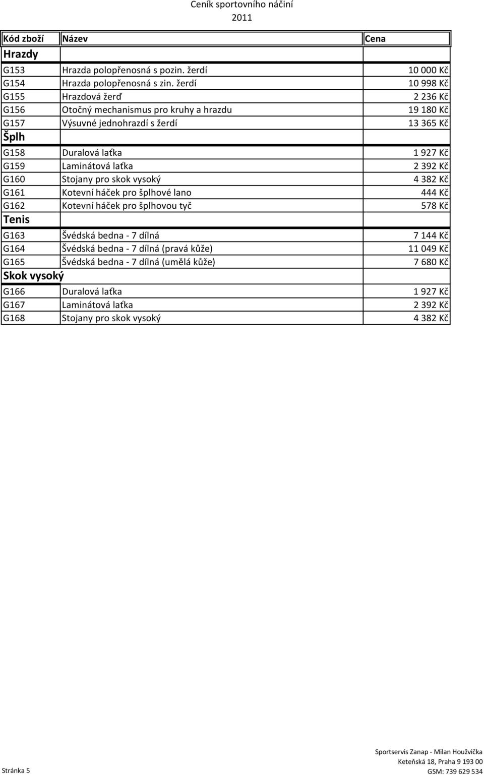 Kč G159 Laminátová laťka 2392 Kč G160 Stojany pro skok vysoký 4382 Kč G161 Kotevní háček pro šplhové lano 444 Kč G162 Kotevní háček pro šplhovou tyč 578 Kč Tenis G163